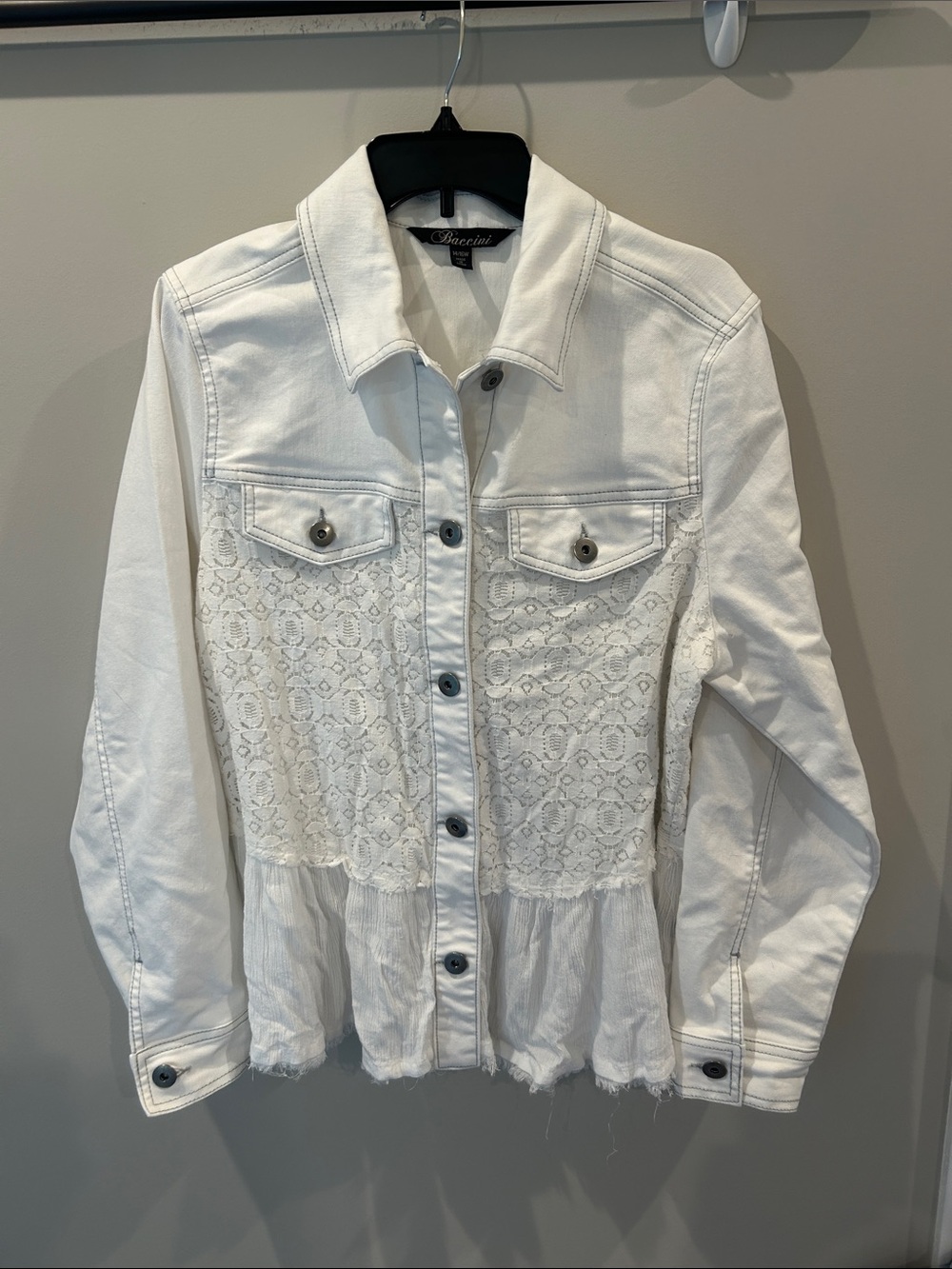 Baccini White Lace-Panel Jean Jacket